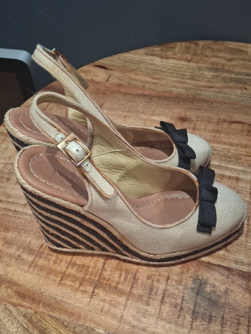 kate spade Cream Linen Slingback Wedge Espadrilles with Black Bow